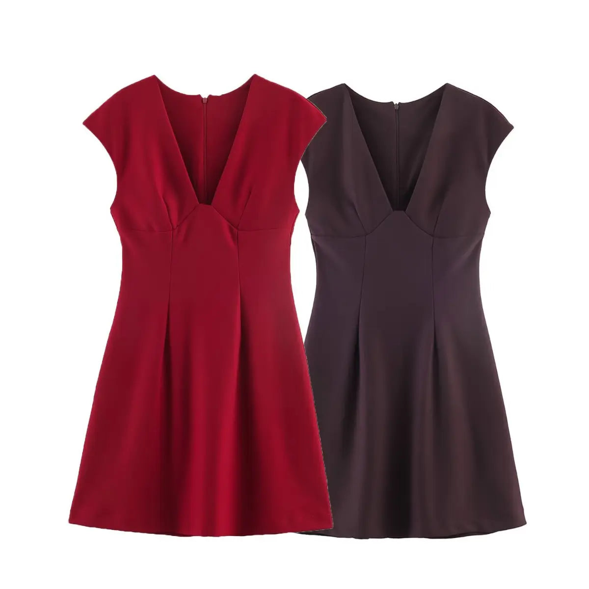  Red and brown versions of a V-neck cap sleeve mini dress, both featuring an A-line silhouette and back zipper closure.