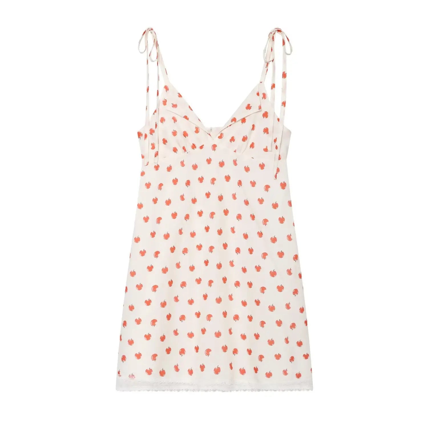 White base red apple print tie strap slip nightdress front plain white flat lay, adjustable tie thin straps lapel V neck A-line mini loungewear nightgown main product shot