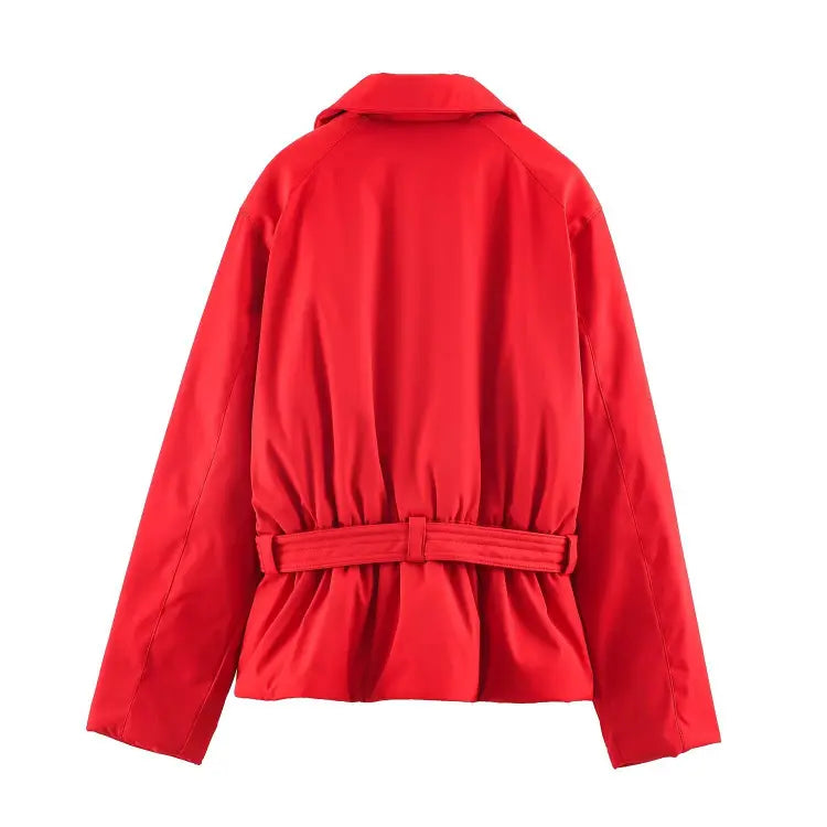 Red belted waist collar zip jacket, back flat lay