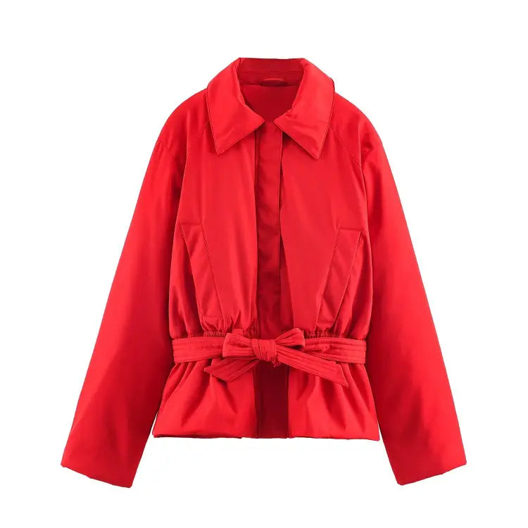 Red belted waist collar zip jacket, front flat lay
