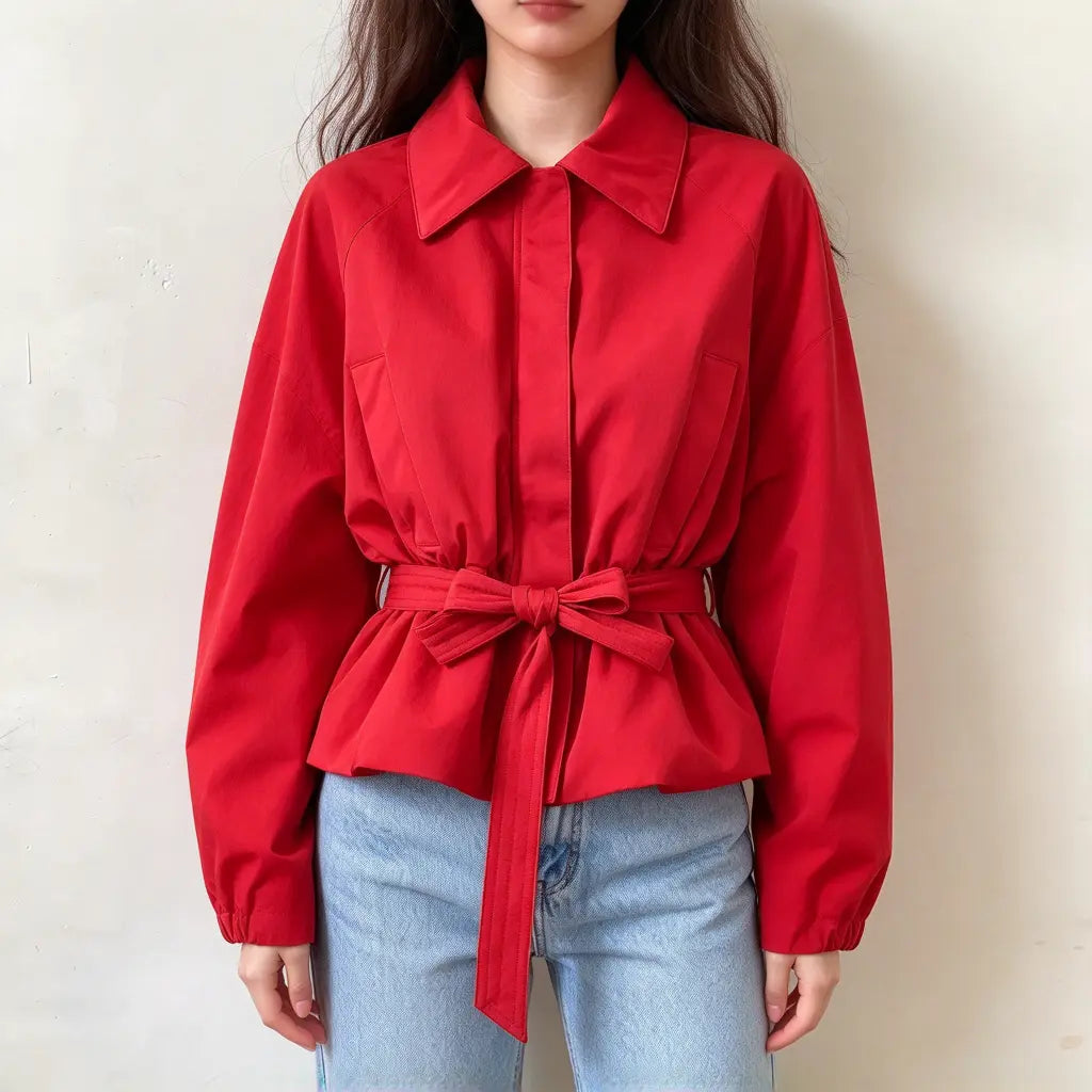 Model wearing red belted waist collar zip jacket with jeans, front view