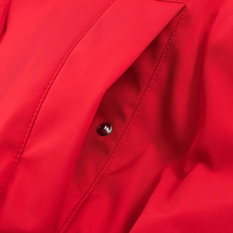 Close-up of snap button and placket
