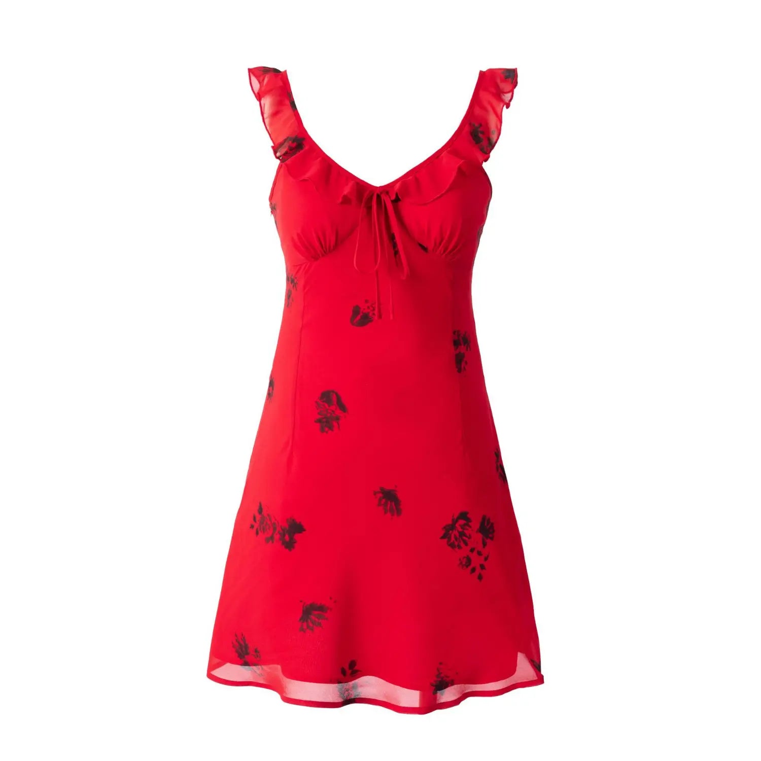 Red mini dress with black floral print, ruffle cami straps, v‑neck front tie detail, flowy chiffon silhouette, front flat lay view