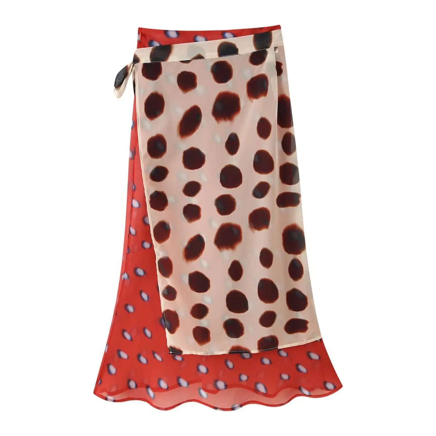 front shot two-tone overlay wrap midi skirt red base blue blurred dots beige large brown polka sheer panel side ribbon tie