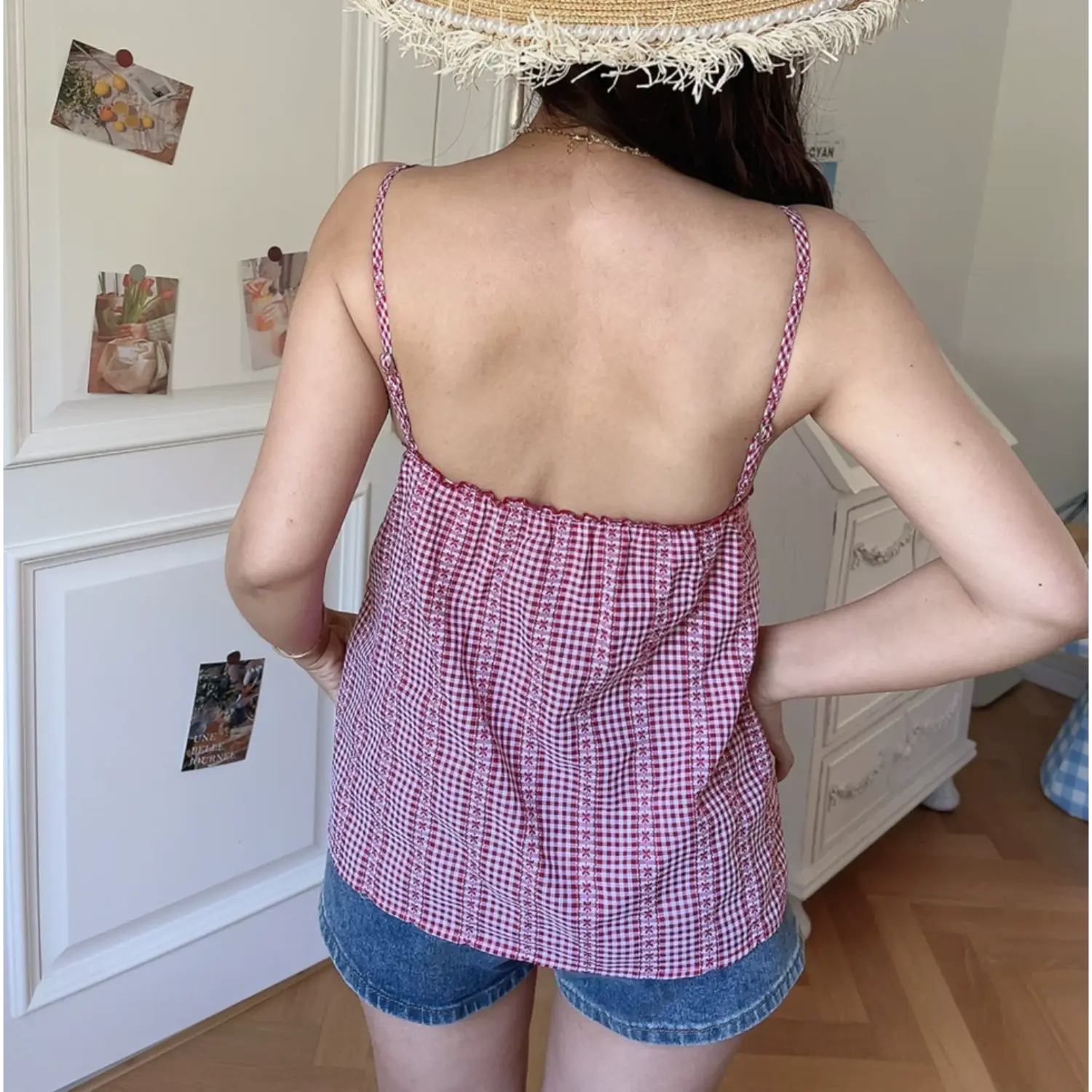 Red white gingham floral cami top full back model shot, back scalloped elastic hem, matched with denim shorts korean home casual outfit display
