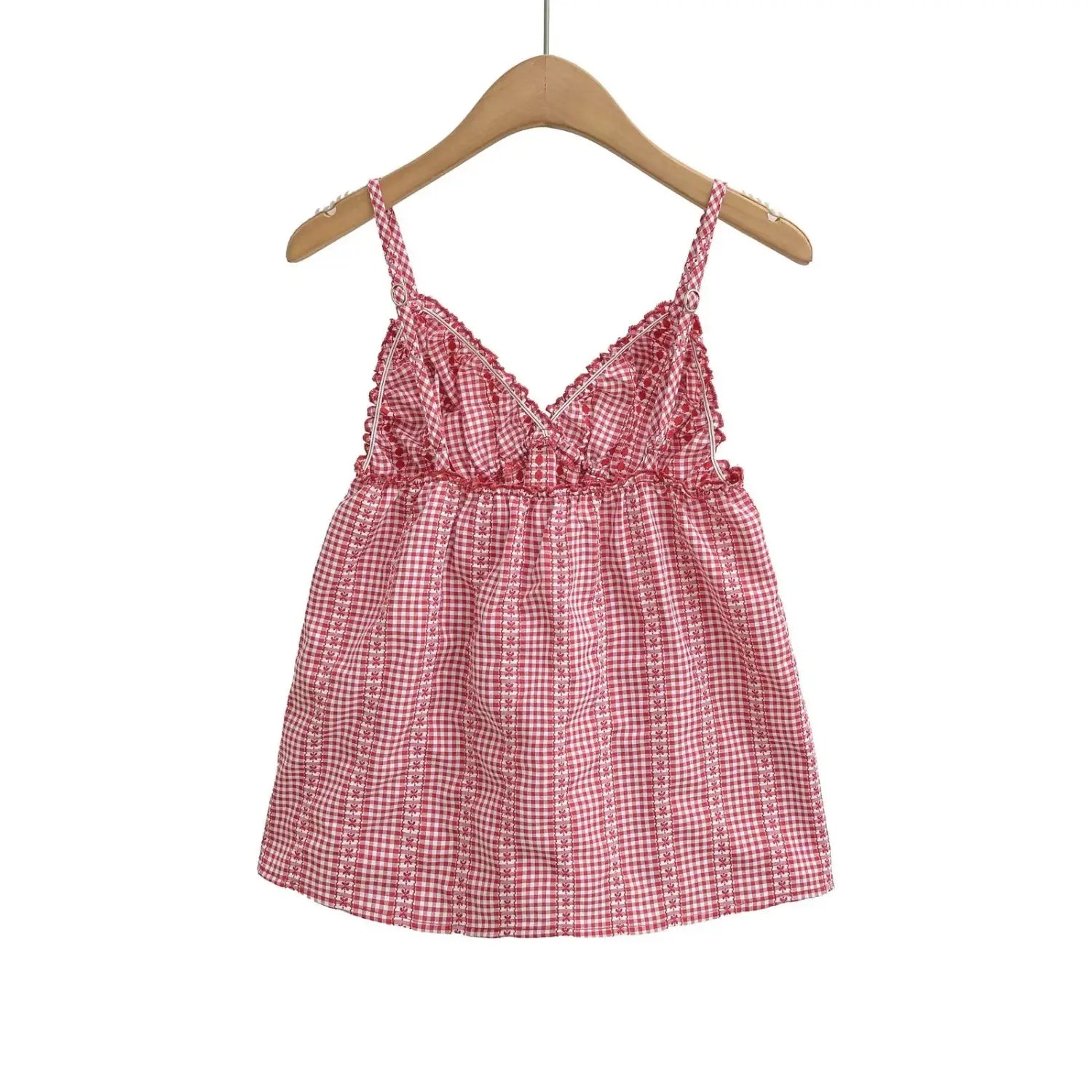 Red white gingham floral cami tank top hanger back flat product shot, adjustable buckle thin straps scalloped v-neck gathered bust loose chiffon camisole white background photo
