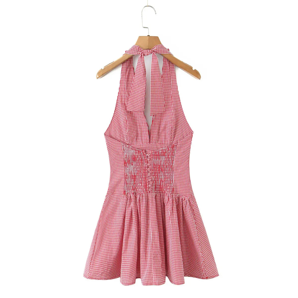 White background red gingham halter dress with back tie
