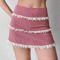 Triple white lace ruffle red gingham micro mini skirt, ruched slim high waist cottagecore casual short skirt