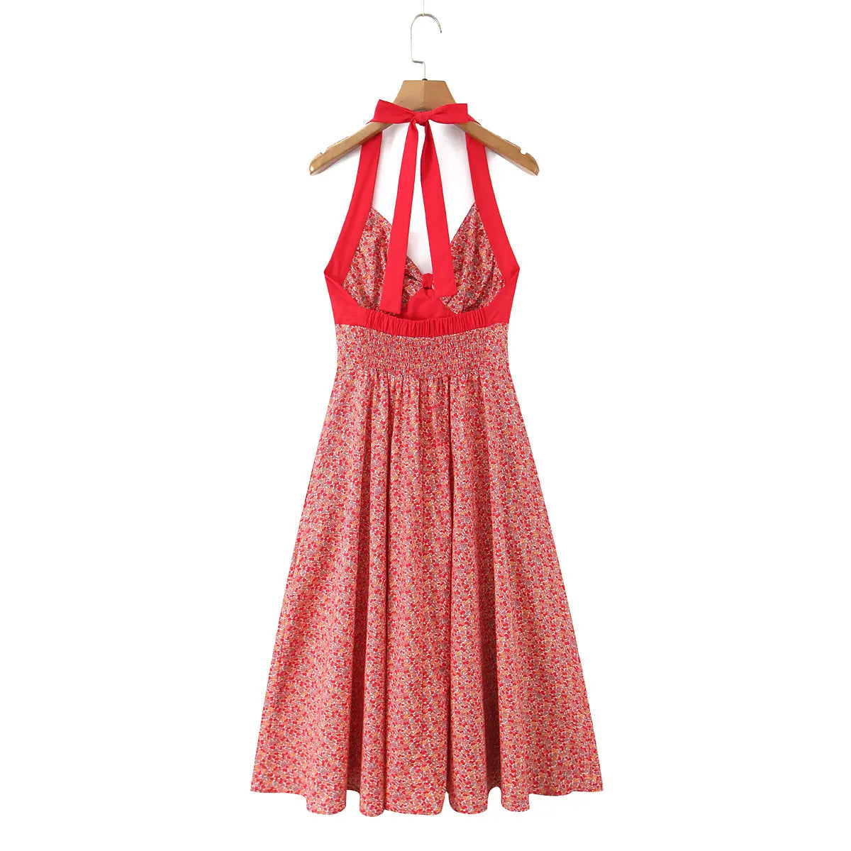  Full back view of cherry print halter midi dress, featuring back neck tie and elastic smocked waist for stretch fit.