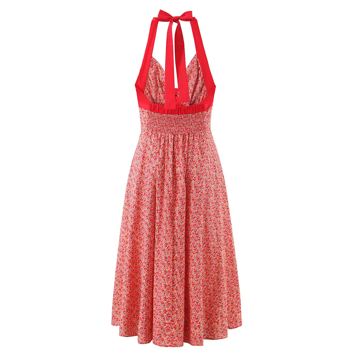 Full back view of vintage cherry floral halter maxi dress, back neck tie knot and elastic smocked waistband design.