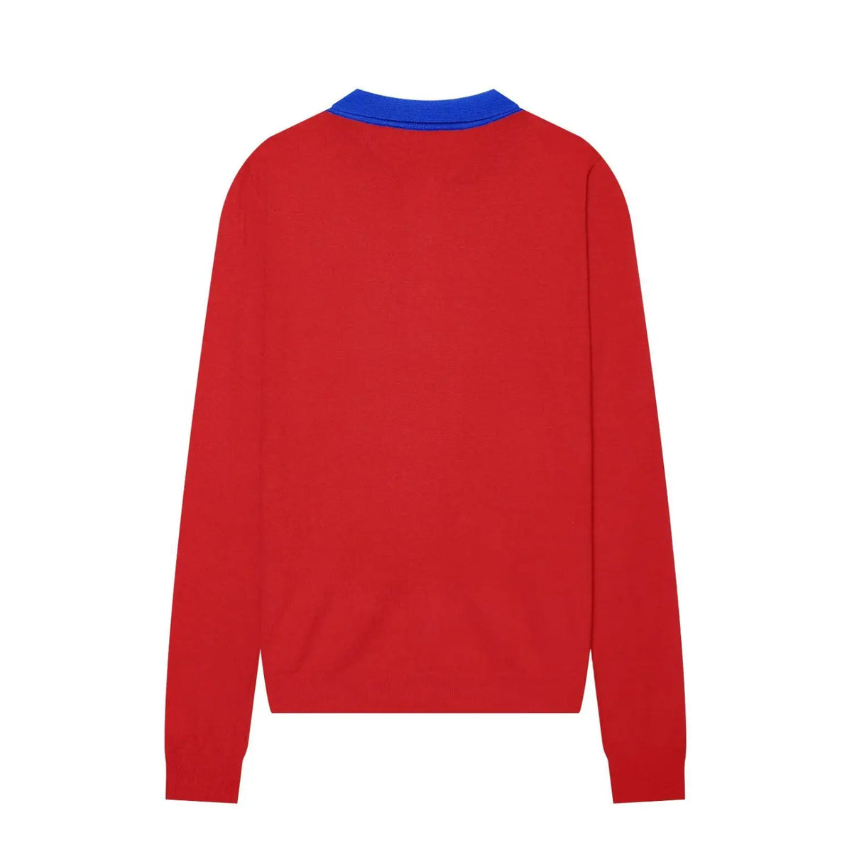 Back view of red color block long sleeve knit polo top with blue collar, women slim fit knitted sweater