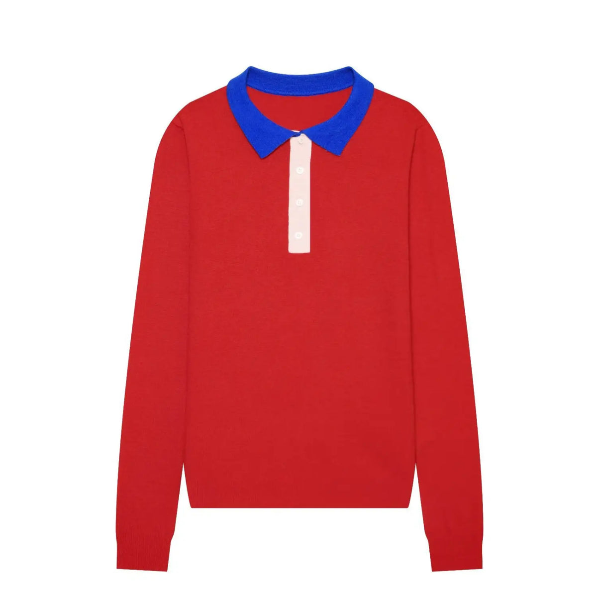 Front view of red color block knit polo top, blue lapel collar with pink placket and buttons, long sleeve knitted shirt