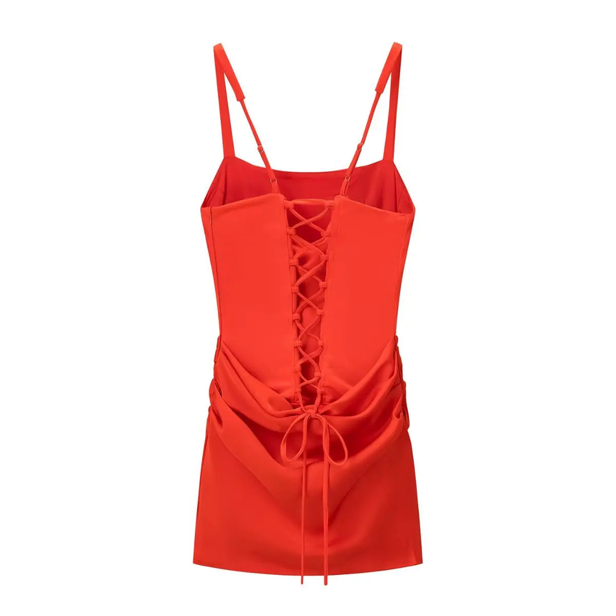 Full back view of the red corset-style mini dress, showing the lace-up closure, adjustable straps, and draped skirt