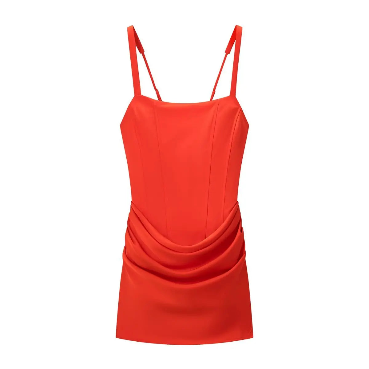 Full view of the red corset-style mini dress, with a square neckline, boned bodice, and draped skirt overlay