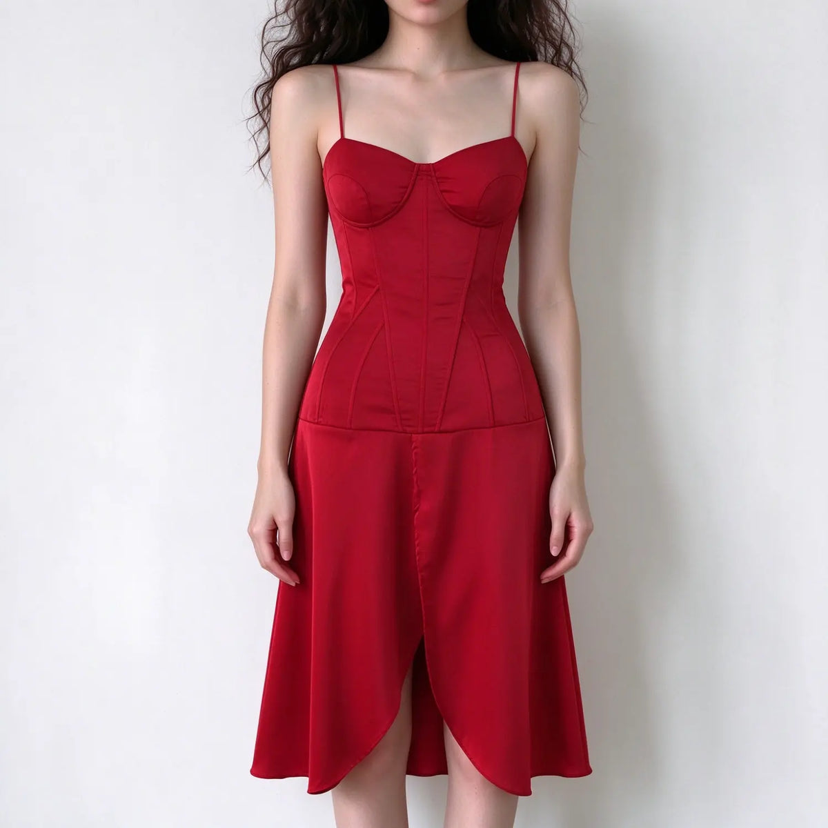 Model wearing red corset spaghetti strap maxi dress, bustier structured top, irregular split hem, sleek satin fabric