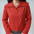 Red oversized collar cropped utility jacket model wearing shot, big lapel flatter neck loose drop shoulder hide arm cropped fit lengthen waist vintage commuter daily outfit display