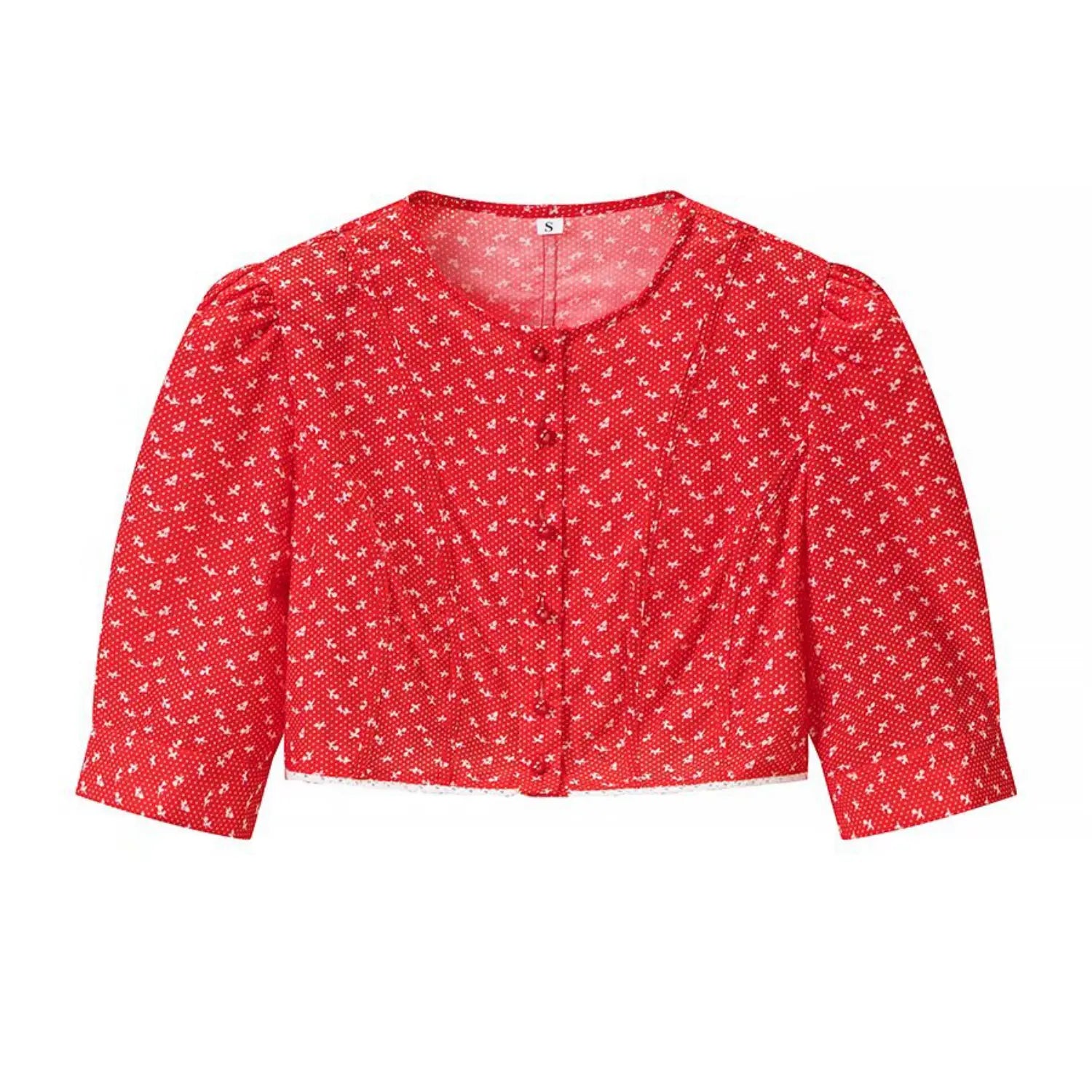 Front flat view of red ditsy floral cropped top with puff elbow sleeves and front button placket