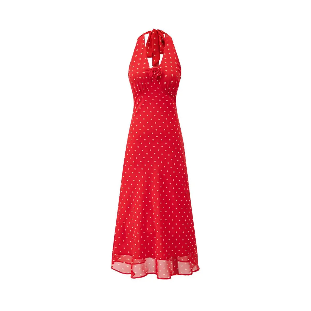 Close-up of full solid red inner lining inside sheer polka dot chiffon skirt.