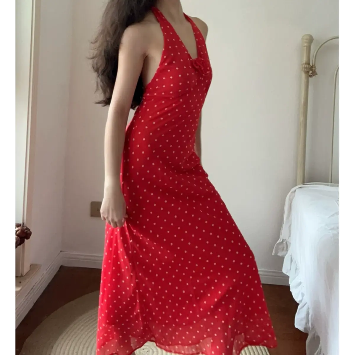 Red White Polka Dot Halter Maxi Dress with 3D Rose Detail – dingdingly