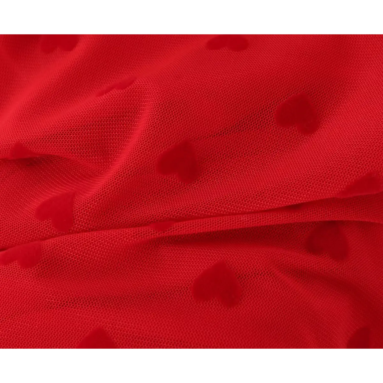 Macro close‑up soft flocked heart pattern red stretch mesh fabric texture