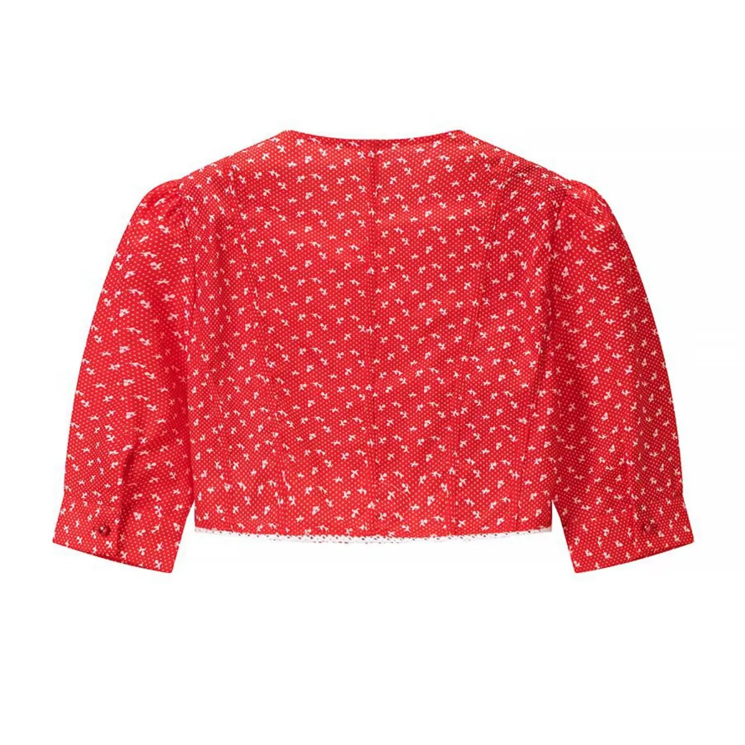 Back flat view of red ditsy floral cropped blouse with elbow puff sleeves