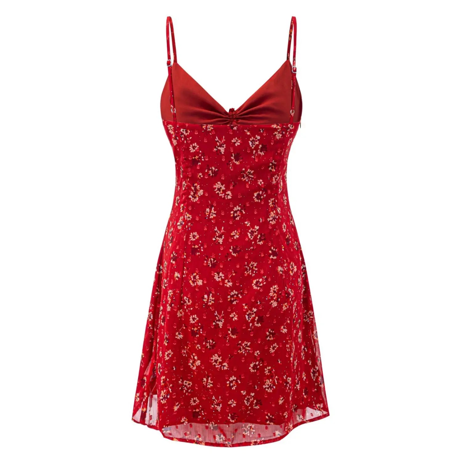 Red floral mini dress full back flat lay, matching built-in lining back darts shaping thin strap metal adjusters complete silhouette display