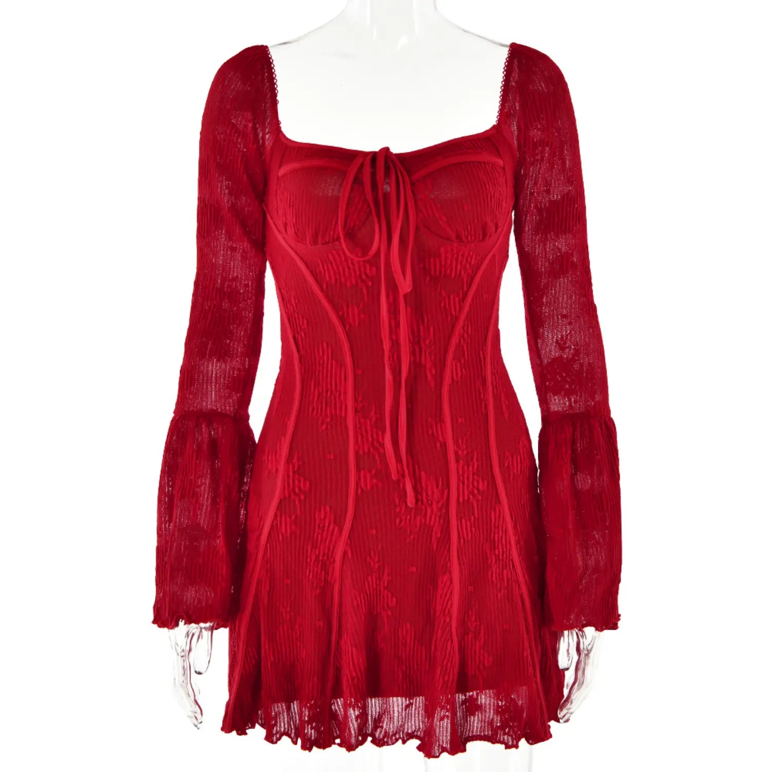 Mannequin front full shot red long bell sleeve square neck floral lace sheer mini dress