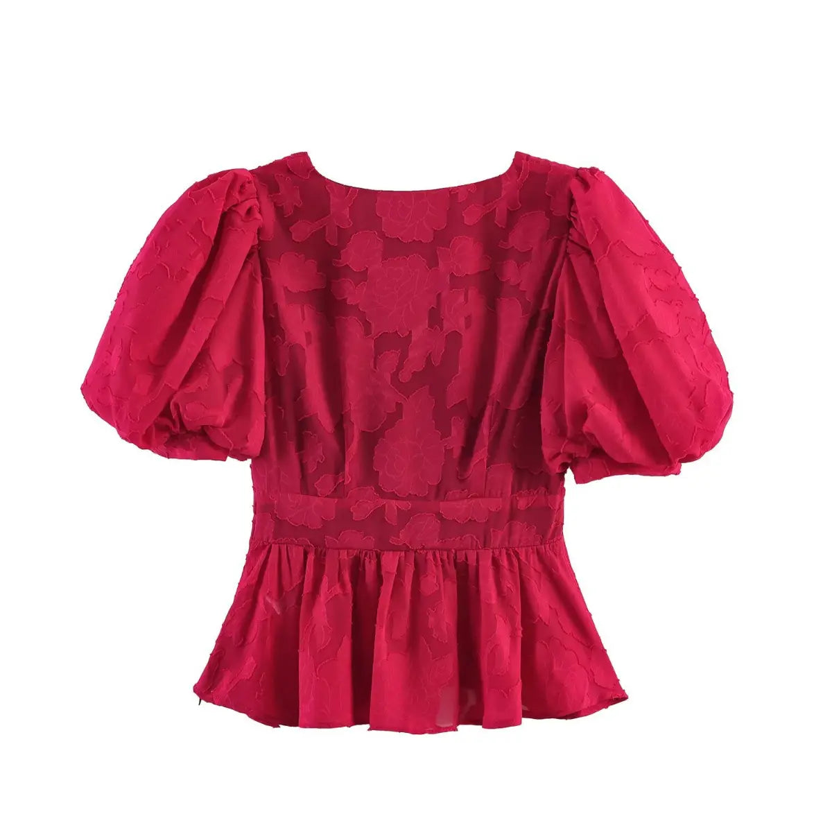  Full back view of a red floral appliqué peplum top, showing the back neckline and fabric texture.