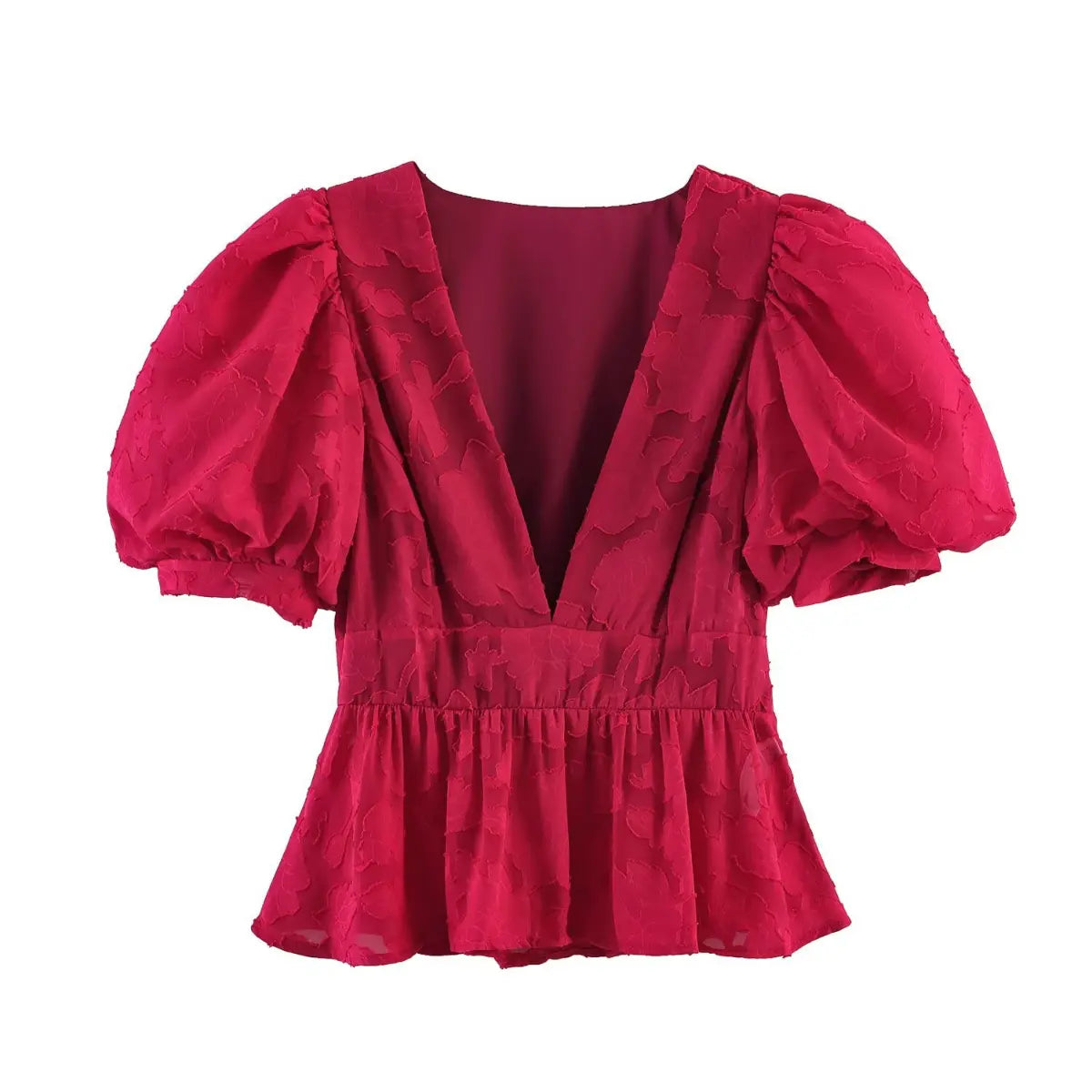 Full front view of a red floral appliqué peplum top with puff sleeves, deep V-neck, and gathered waist.