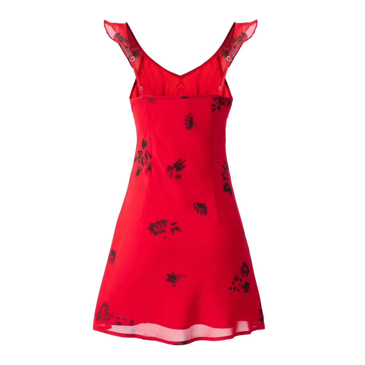 Back view red chiffon mini dress black floral print, adjustable ruffle cami straps, back invisible zipper, fitted waist design