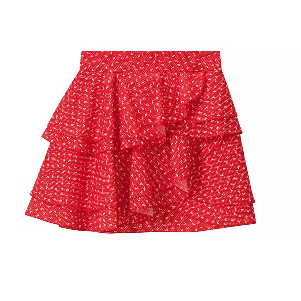 Back flat view of red ditsy floral layered ruffle mini skirt