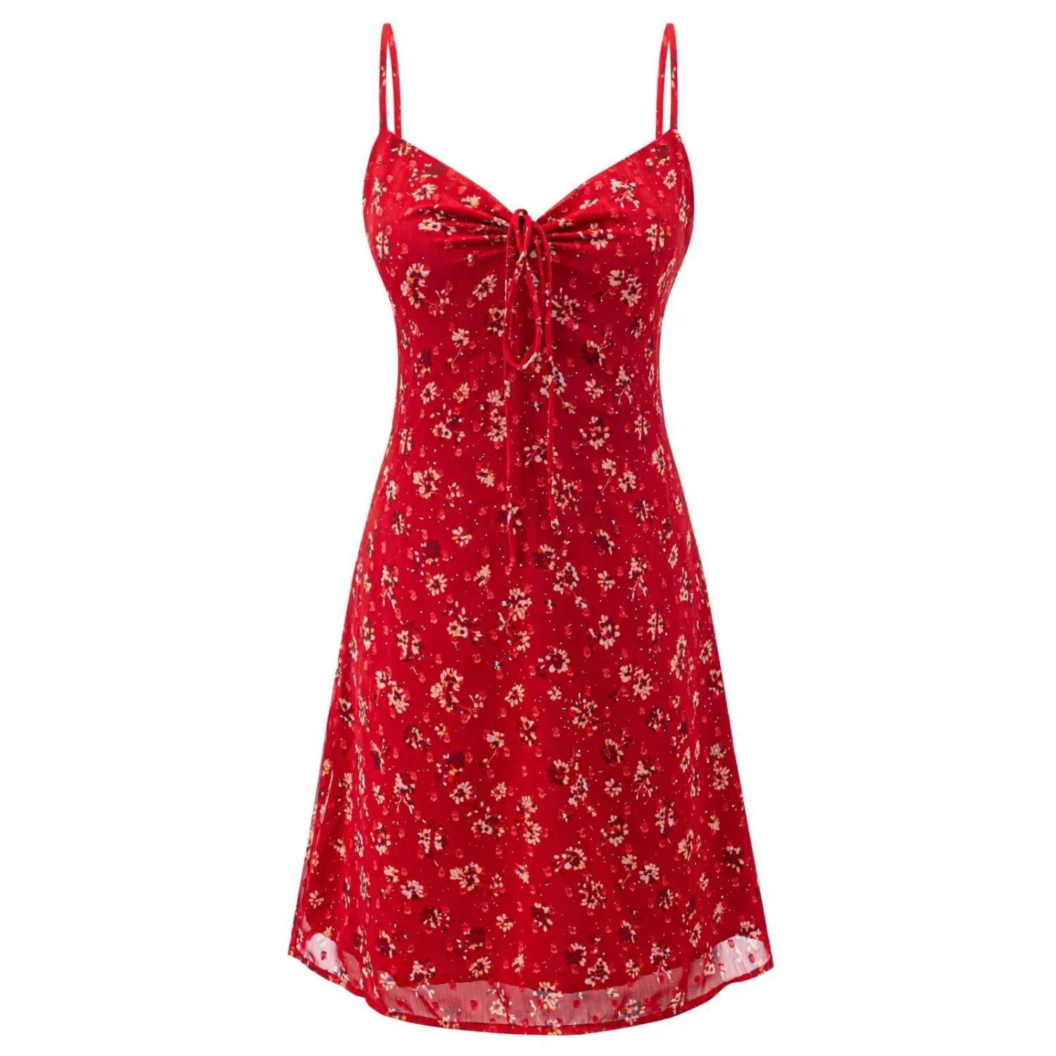 Red floral sparkle cami mini dress white flat front shot, V-neck front drawstring gathers thin adjustable straps slim A-line swing hem vintage red floral dress hero image