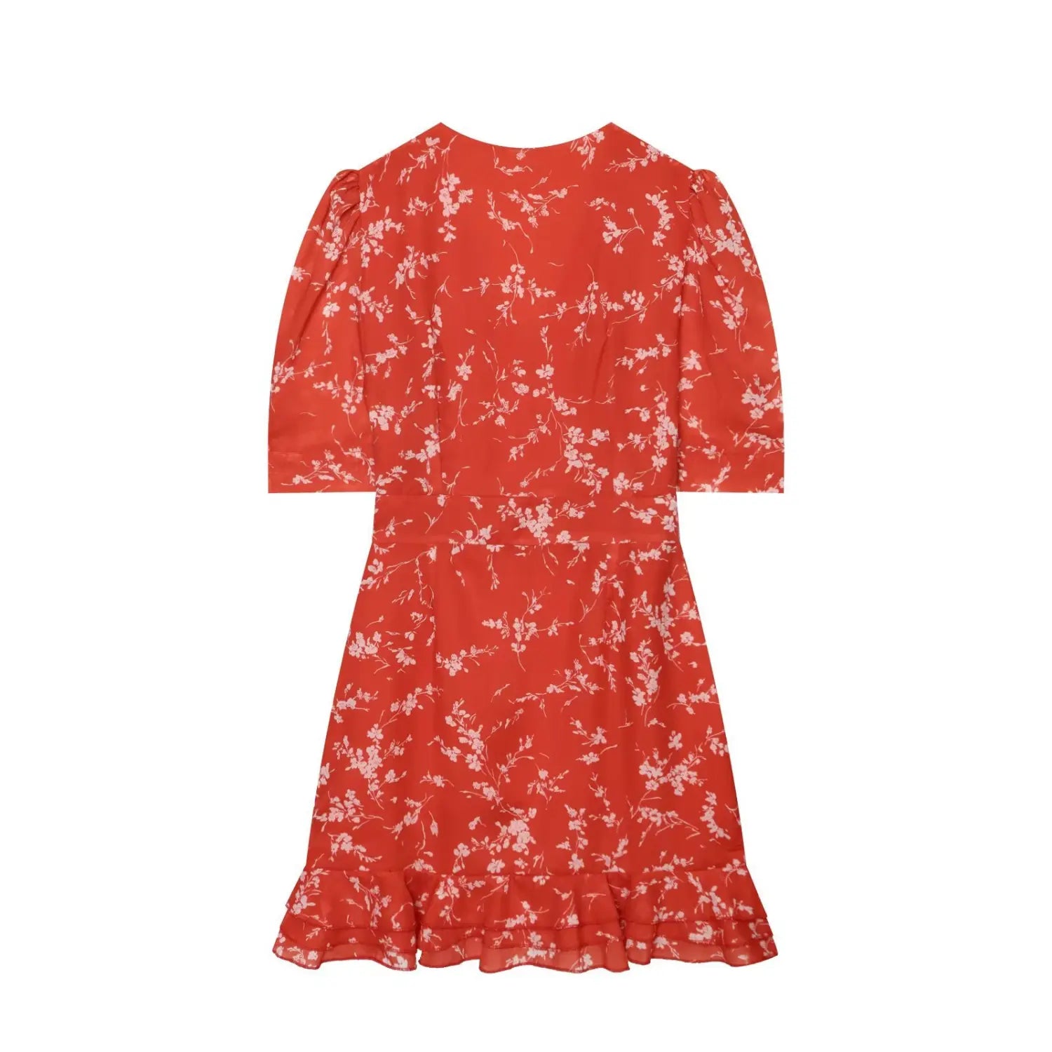 Back flat lay isolated white background, red white blossom print short chiffon dress with ruffled hem