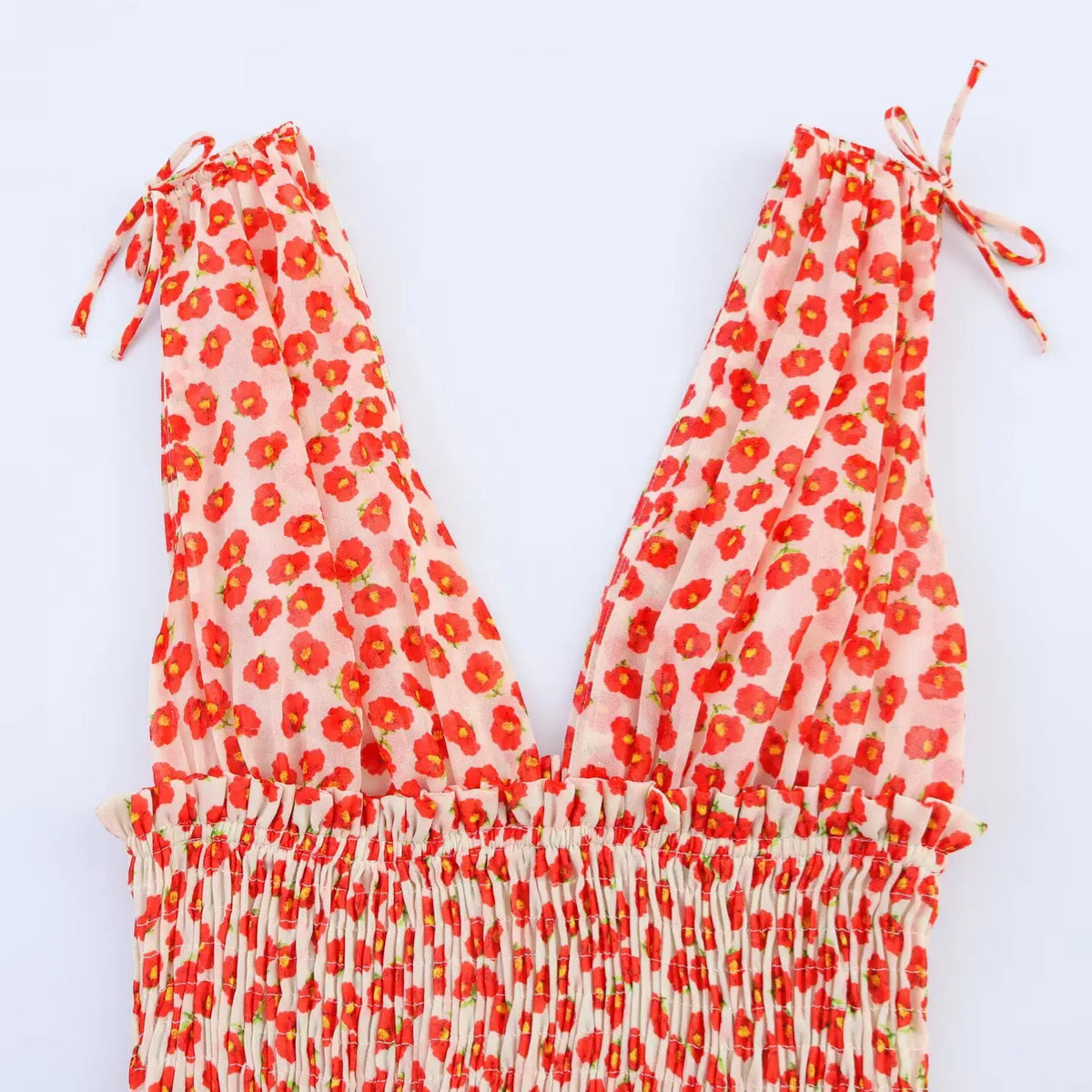 Flat‑lay bodice view deep v‑neck red floral mini dress tie shoulder straps