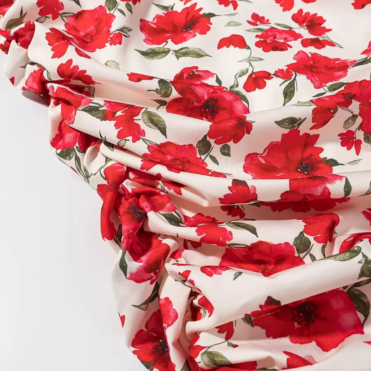  Folded fabric texture shot, allover red poppy floral print women dress
