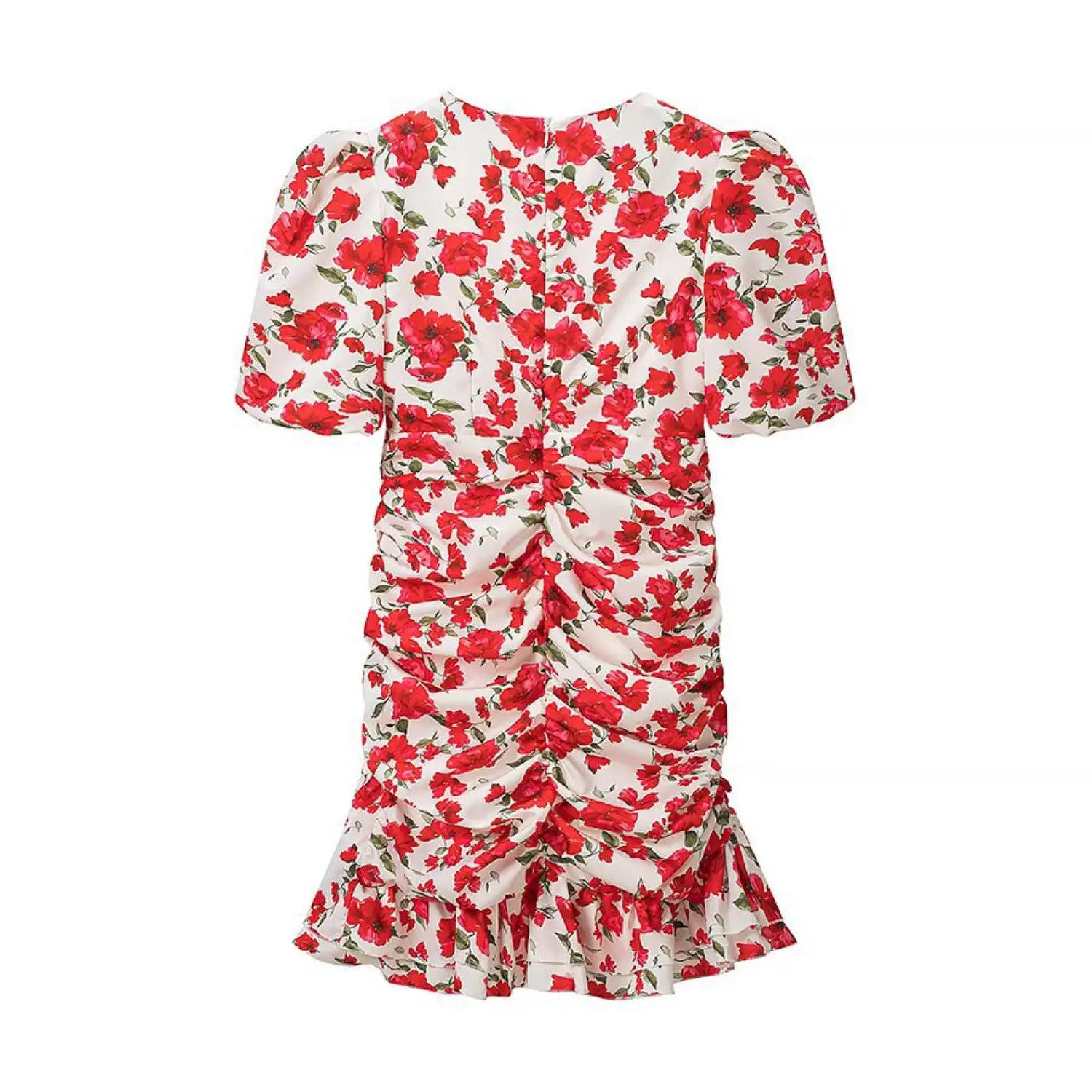 Flat lay back view of red floral print short sleeve ruched bodycon mini dress