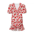 Flat lay front view of red floral print v-neck puff sleeve ruched mini dress with ruffle hem