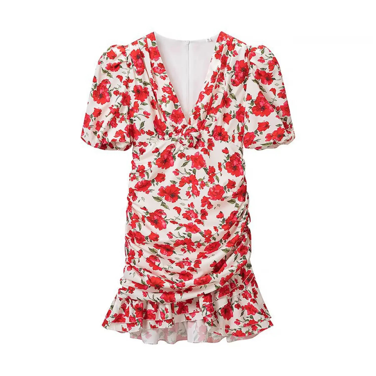 Flat lay front view of red floral print v-neck puff sleeve ruched mini dress with ruffle hem