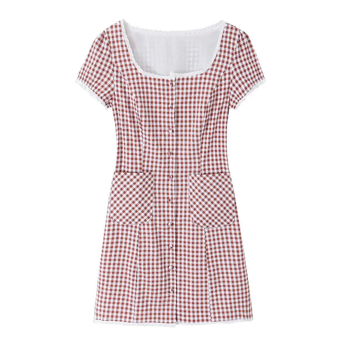 Red gingham square-neck dress with lace trim and front pockets, full front view