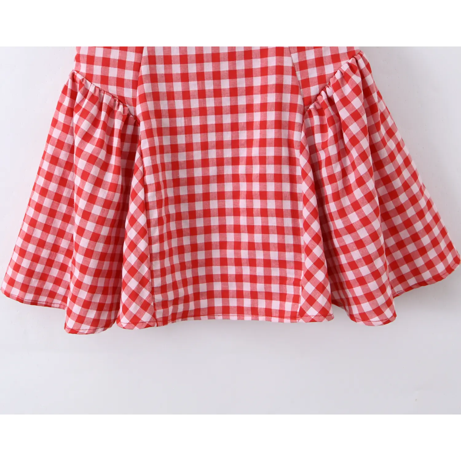 Full skirt gathered flared view red gingham sleeveless mini dress ruffle panel details