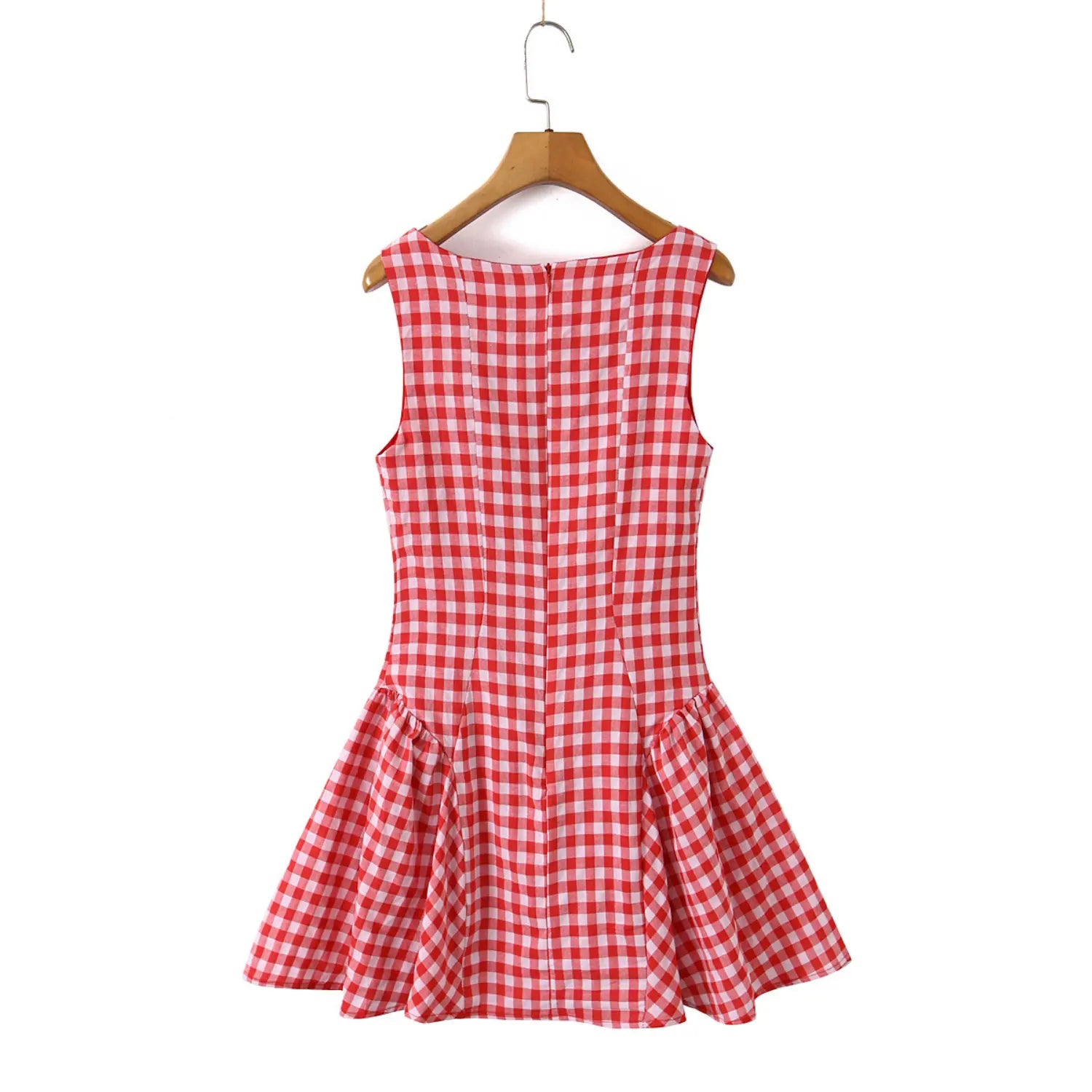 Hanging back shot red gingham sleeveless mini dress back zipper wooden hanger