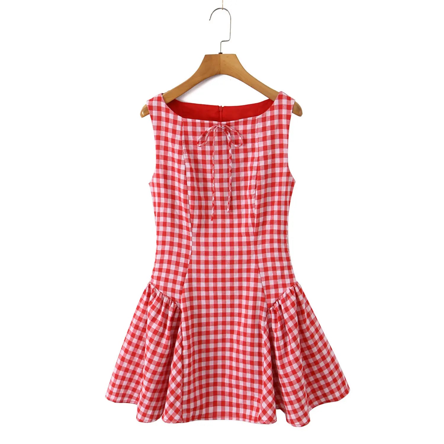 Hanging front shot red gingham sleeveless mini dress square neck fabric tie wooden hanger