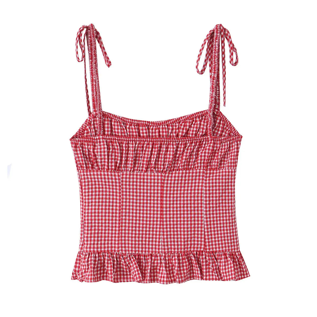 Back view of a red and white gingham top with tie straps, gathered bust, and a peplum hem.
