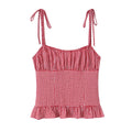 Front view of the same top, showing the square neckline, ruffled bust, and fitted silhouette.
