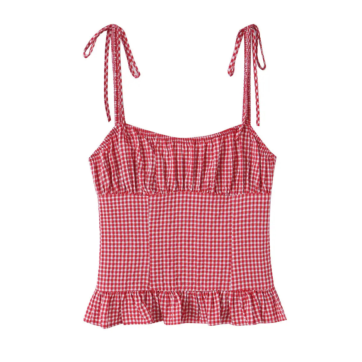 Front view of the same top, showing the square neckline, ruffled bust, and fitted silhouette.
