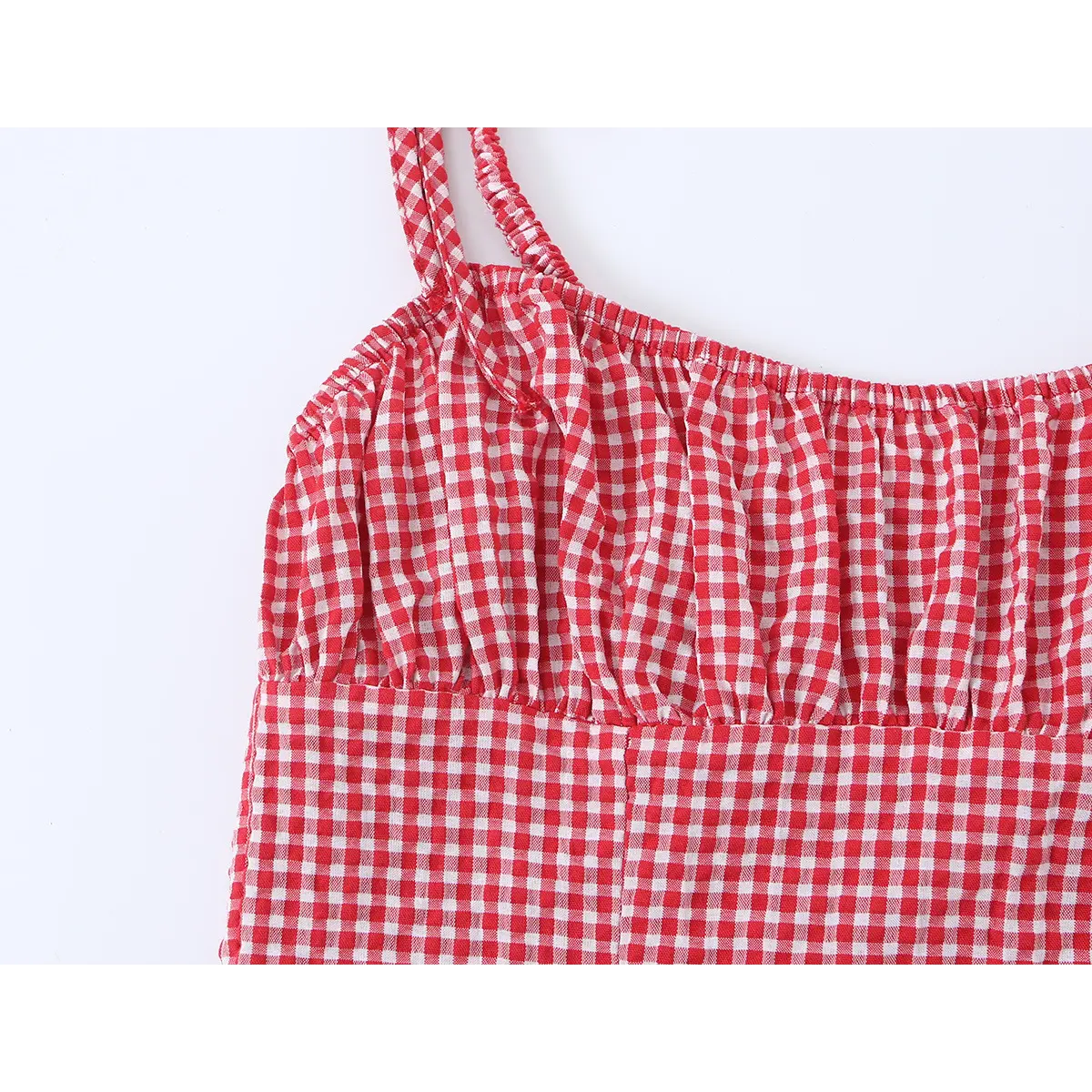 Close-up of the square neckline, showing the elasticated top edge and the start of the bust gathers.