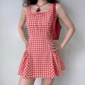 Model front wearing shot red gingham square neck tie front flared mini dress casual outfit