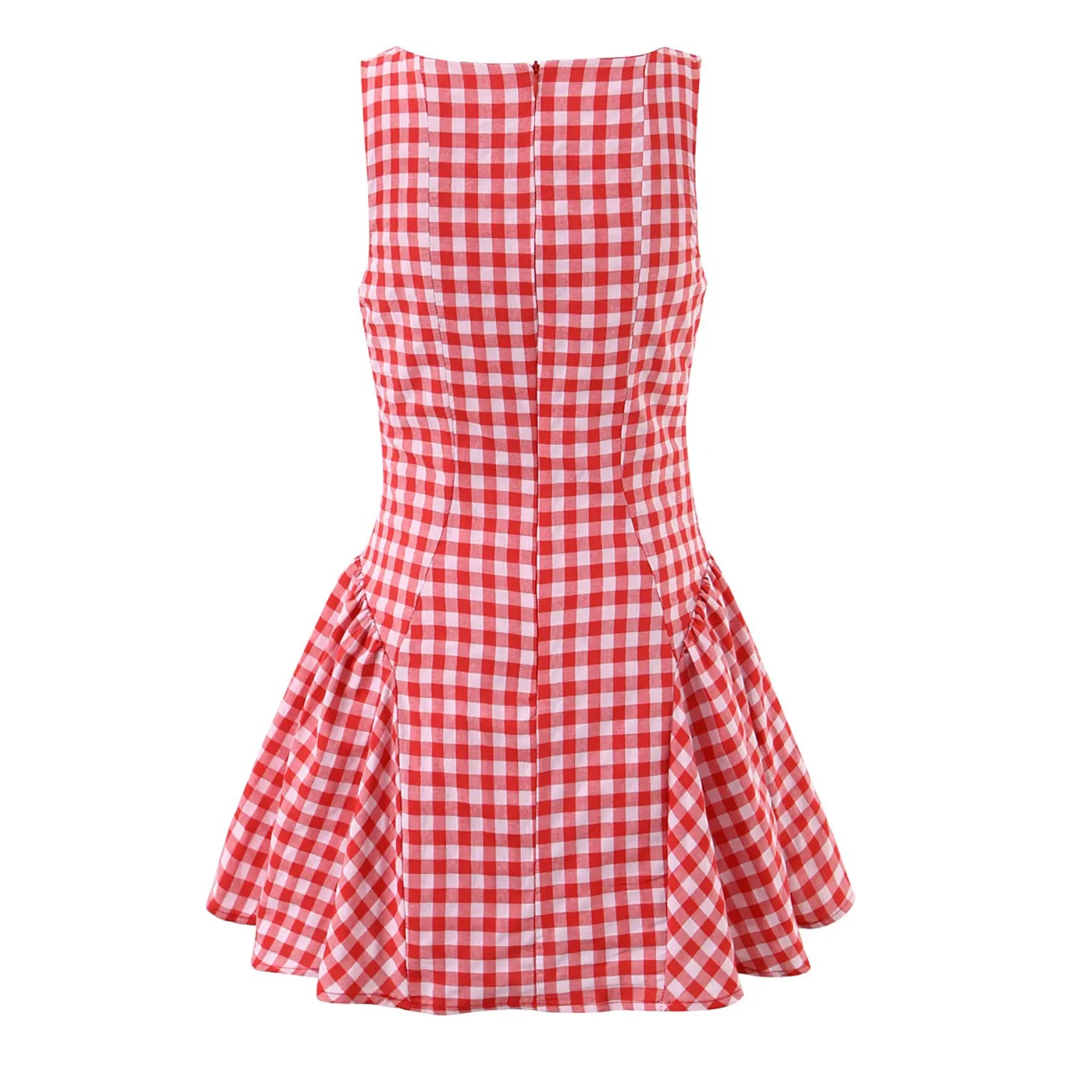 Studio back view red gingham sleeveless mini dress center back zipper flared skirt