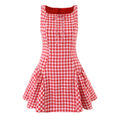Studio front view red white gingham sleeveless mini dress square neck tie detail flared ruffle hem