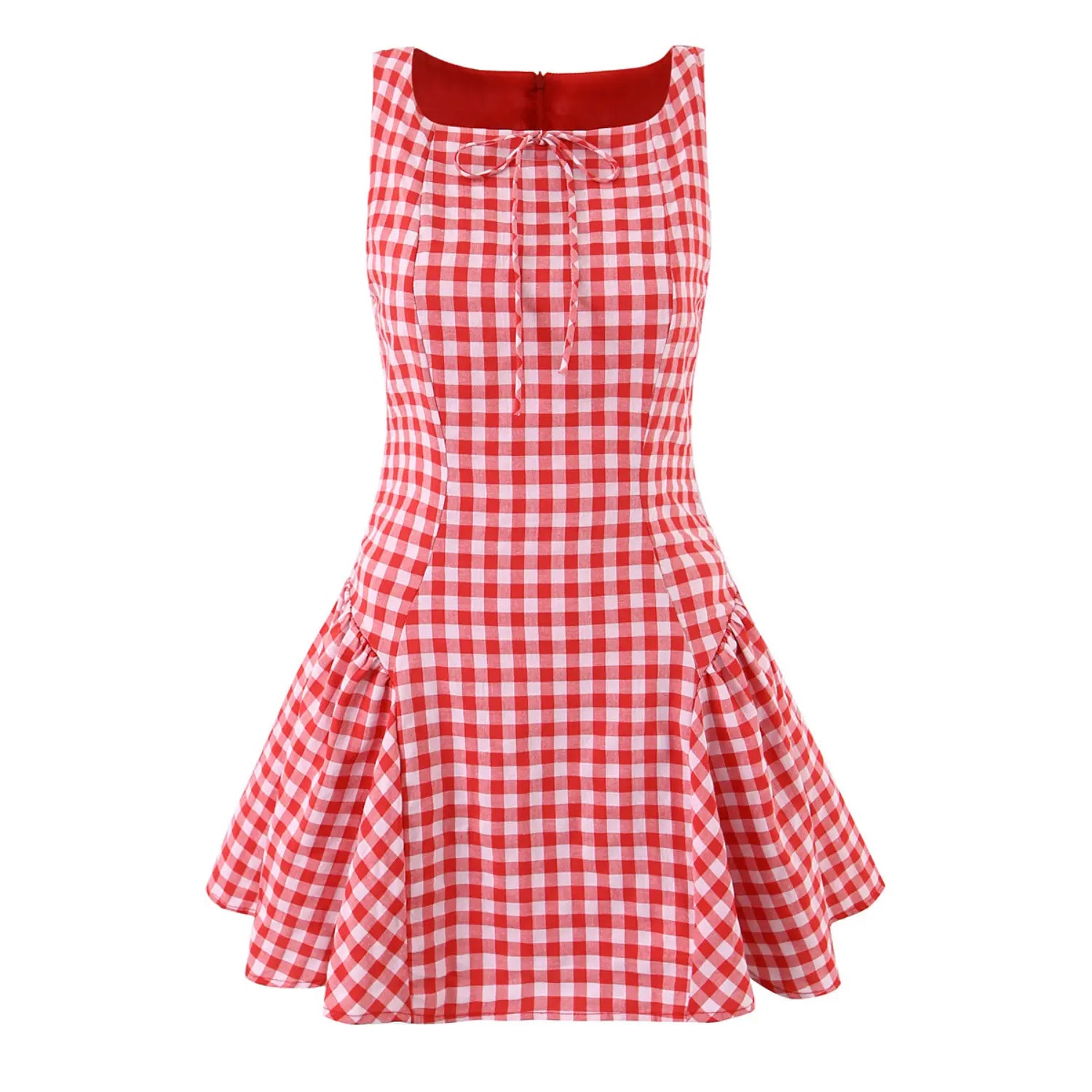 Studio front view red white gingham sleeveless mini dress square neck tie detail flared ruffle hem
